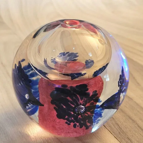 ART GLASS Oil Lamp - Paper Weight - Blue Flowers - 3" - Picture 1 of 9